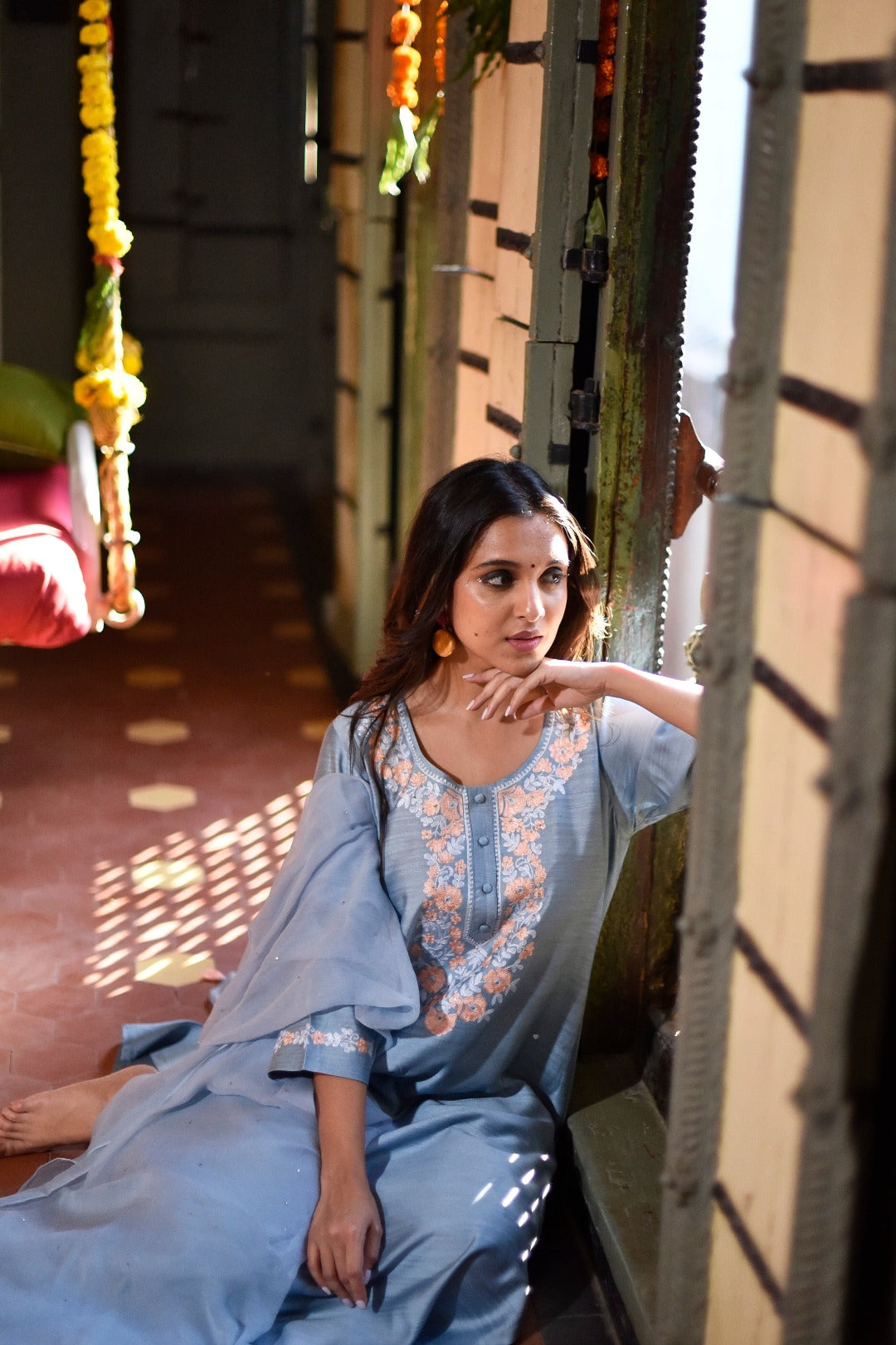 Sitara Blue Embroidered Chanderi Slub Kurta Bottom Dupatta Set | Ray-ethnic