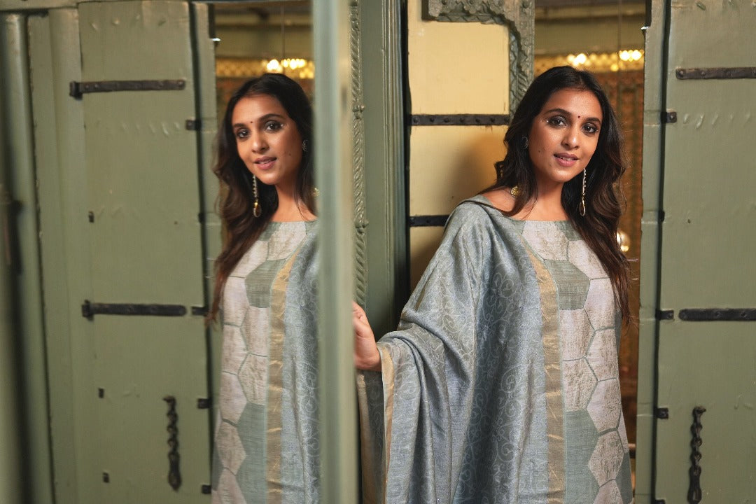 Sitara Sea Green Block Print Munga Silk Kurta Bottom Dupatta Set | Ray-ethnic