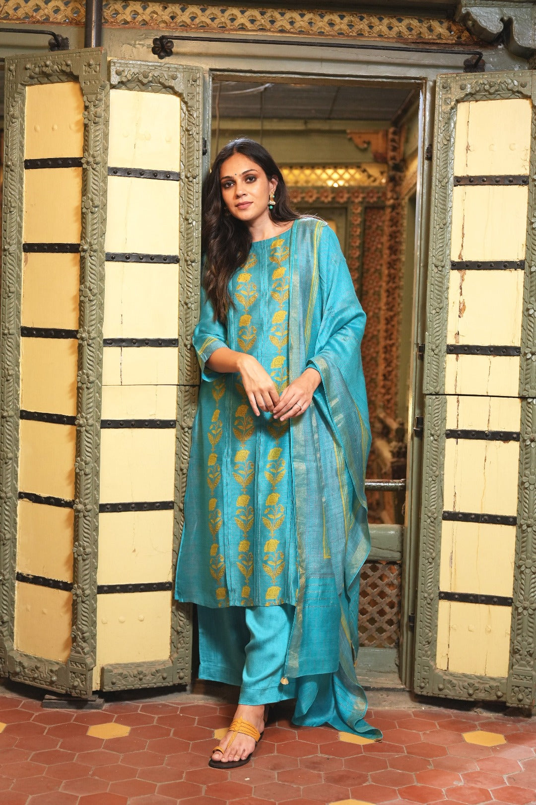Sitara Royal Blue Block Print Munga Silk Kurta Bottom Dupatta Set | Ray-ethnic