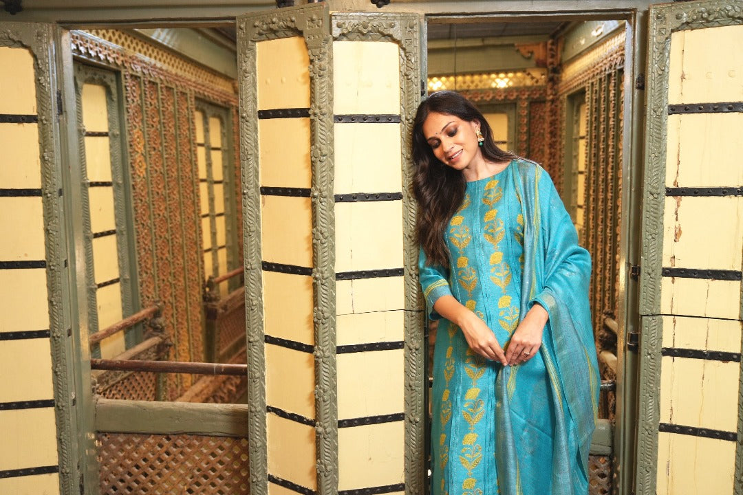 Sitara Royal Blue Block Print Munga Silk Kurta Bottom Dupatta Set | Ray-ethnic