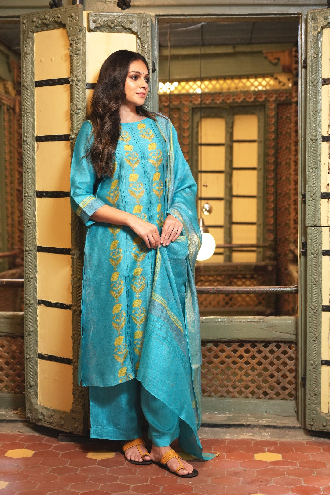 Sitara Royal Blue Block Print Munga Silk Kurta Bottom Dupatta Set | Ray-ethnic