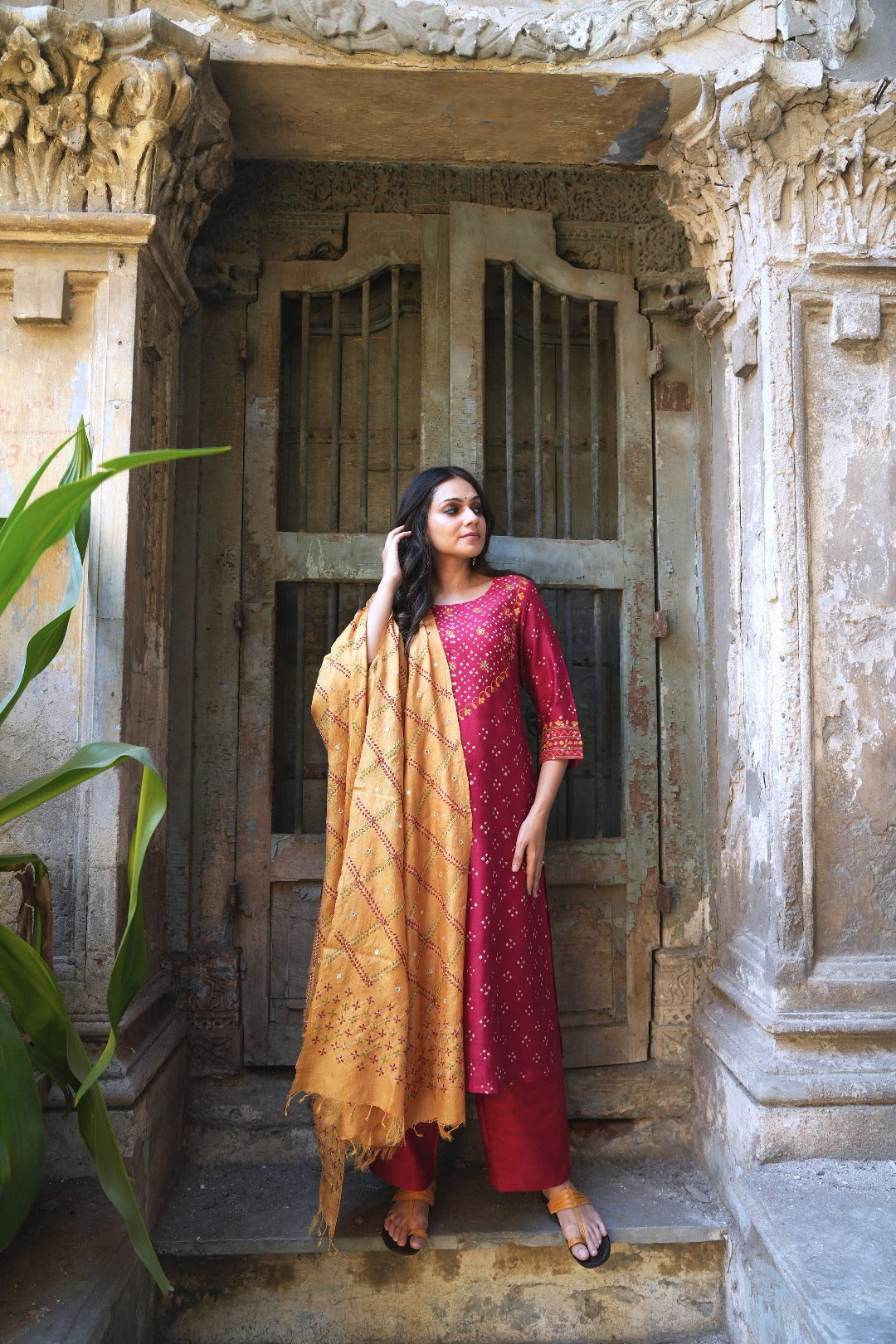 Sitara Red Thread Work Munga Silk Kurta Bottom Set | Ray-ethnic
