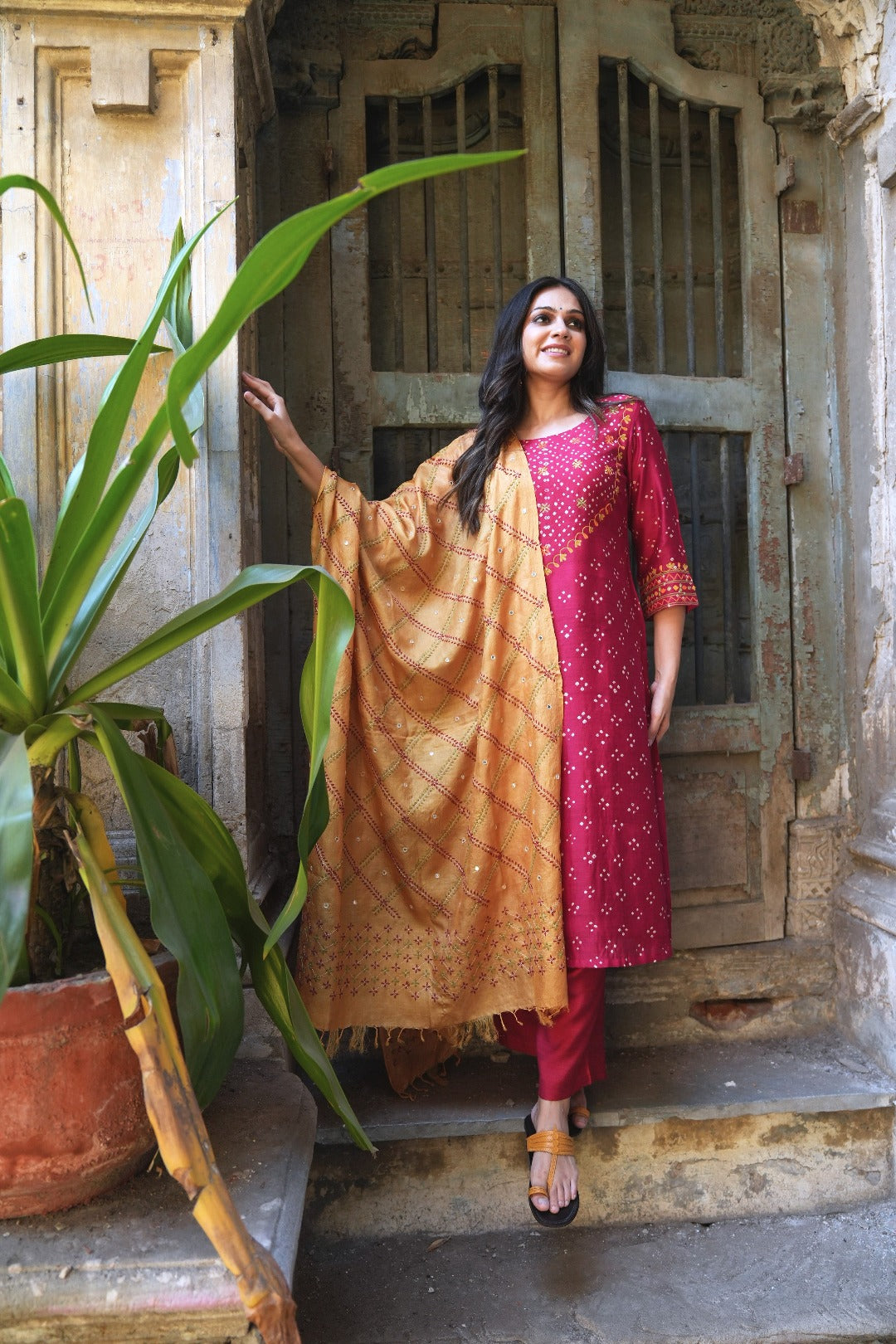 Sitara Red Thread Work Munga Silk Kurta Bottom Set | Ray-ethnic