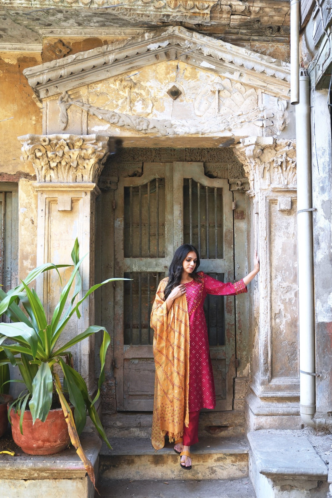 Sitara Red Thread Work Munga Silk Kurta Bottom Set | Ray-ethnic