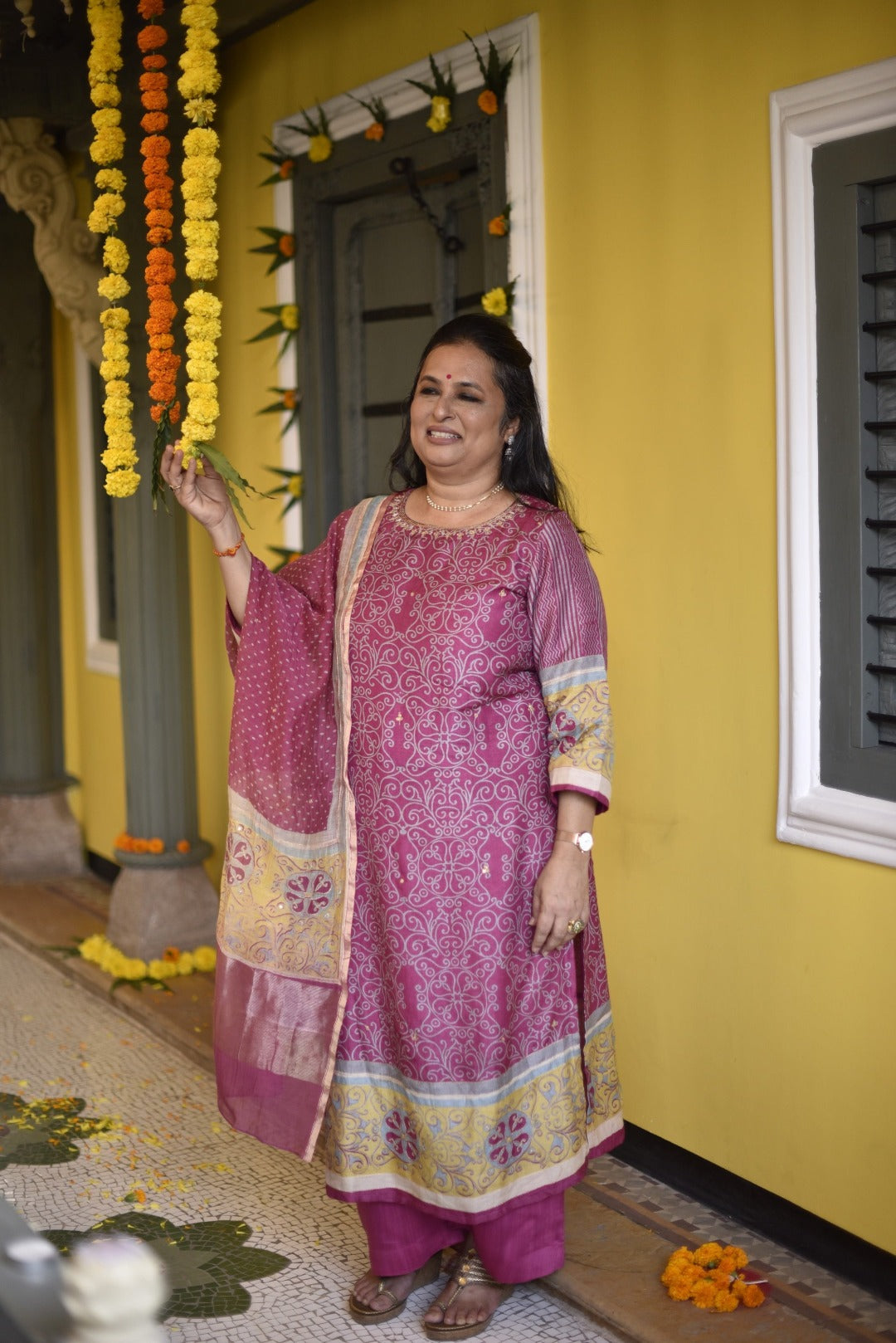 Sitara Pink Block Print Munga Silk Kurta Bottom Dupatta Set | Ray-ethnic